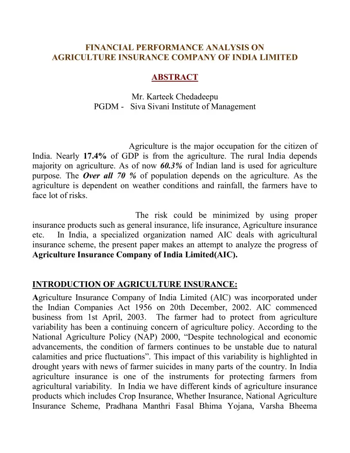 financial performance analysis on agriculture