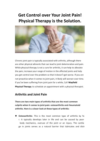 Get Control over Your Joint Pain! Physical Therapy is the Solution.