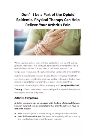 Don’t be a Part of the Opioid Epidemic. Physical Therapy Can Help Relieve Your Arthritis Pain