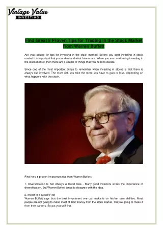 Find Great 8 Proven Tips for Trading in the Stock Market from Warren Buffett