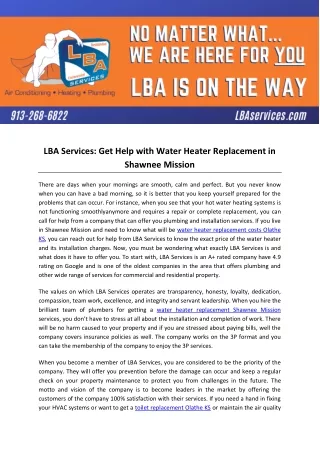 LBA Services: Get Help with Water Heater Replacement in Shawnee Mission