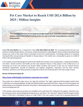 Pet Care Market to Reach USD 202.6 Billion by 2025 | Million Insights