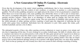 A New Generation Of Online Pc Gaming - Electronic Sports