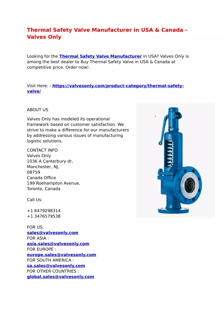 thermal safety valve manufacturer in usa canada