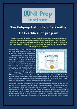 The Uni-prep institution offers online TEFL certification program