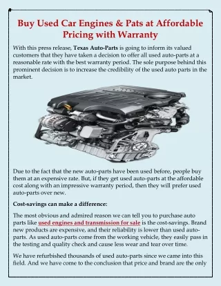 Buy Used Car Engines at Affordable Pricing with Warranty.
