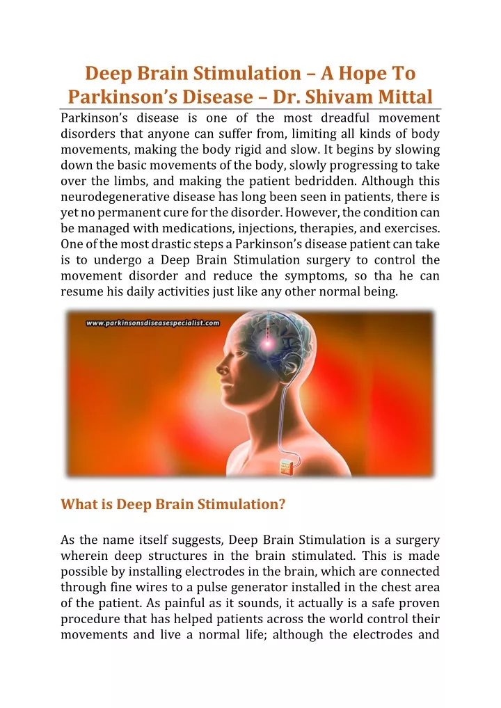 deep brain stimulation a hope to parkinson