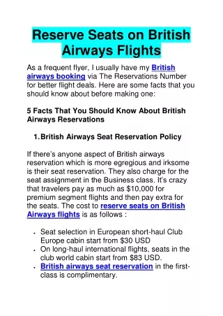 Reserve Seats on British Airways Flights