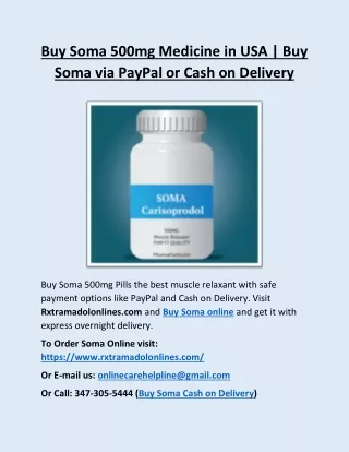 Buy Soma 500mg Medicine in USA | Buy Soma via PayPal or Cash on Delivery