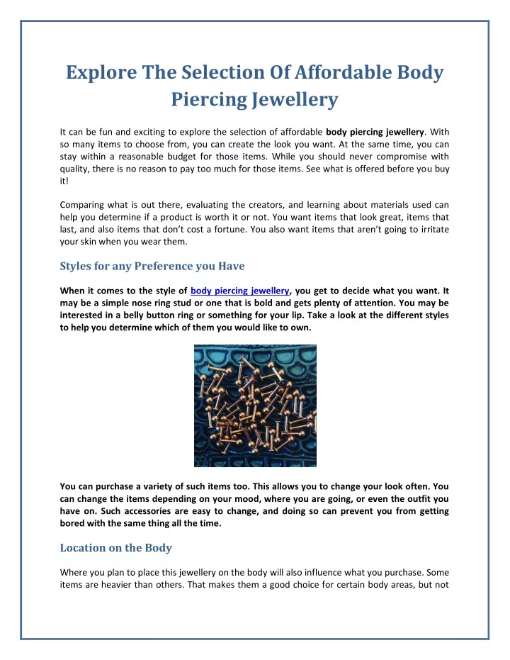 explore the selection of affordable body piercing