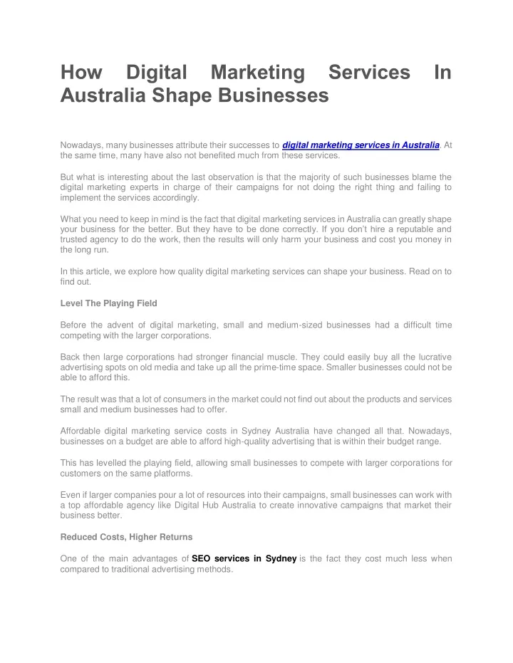 how digital marketing services in australia shape