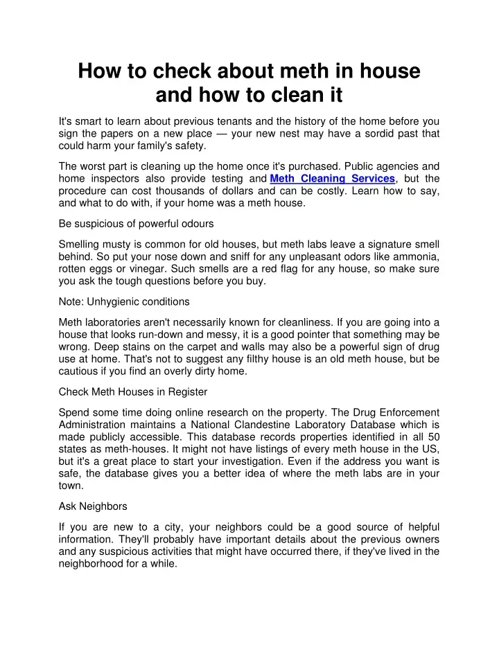 how to check about meth in house and how to clean