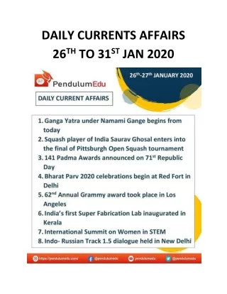 daily currents affairs 26 th to 31 st jan 2020