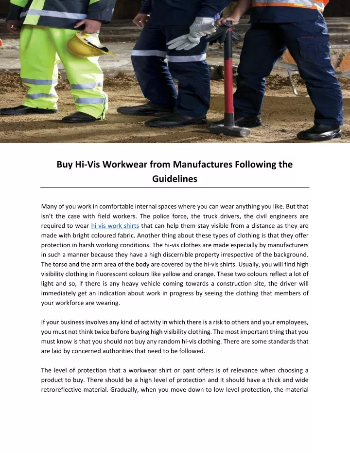 buy hi vis workwear from manufactures following