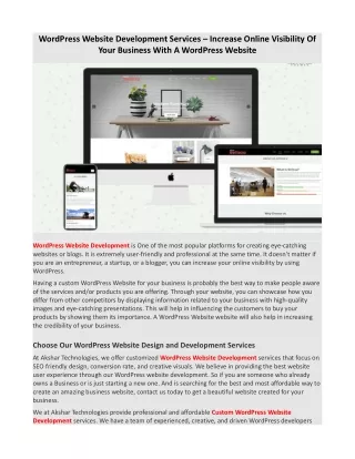 WordPress Website Development Services – Increase Online Visibility Of Your Business With A WordPress Website