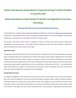 Exhaust Heat Recovery System Market To Speed Up Earnings To USD 54.01 Billion In Income By 2024
