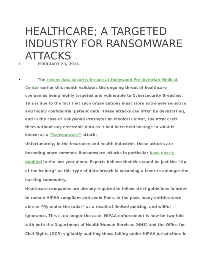 healthcare a targeted industry for ransomware