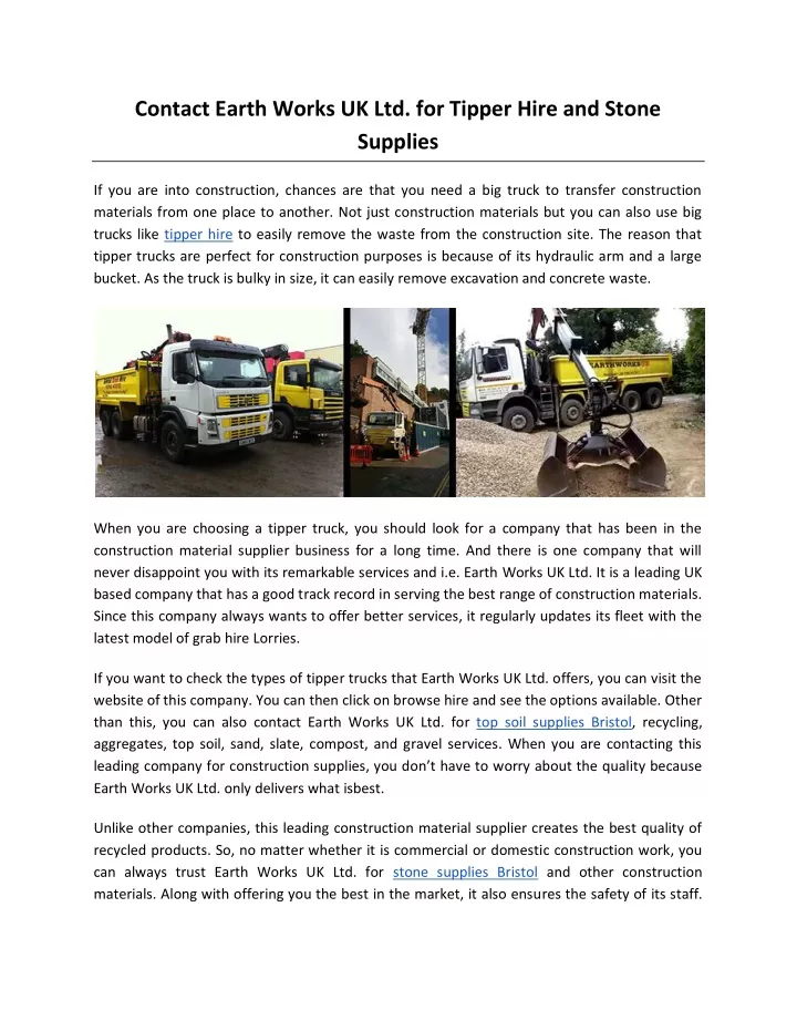 contact earth works uk ltd for tipper hire