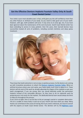 Get the Effective Denture Implants Fountain Valley Only At South Coast Dental Center