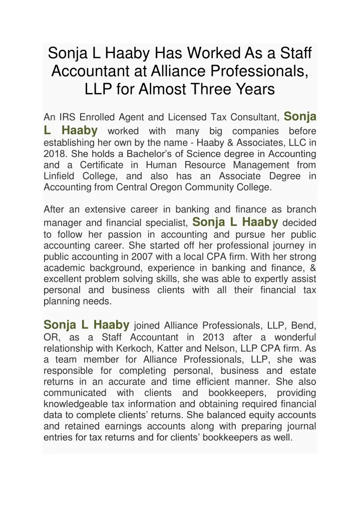 sonja l haaby has worked as a staff accountant