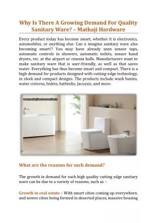 Why Is There A Growing Demand For Quality Sanitary Ware? - Mathaji Hardware