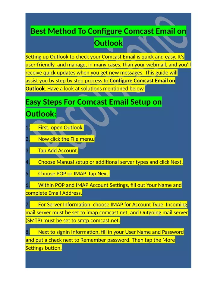 best method to configure comcast email on outlook