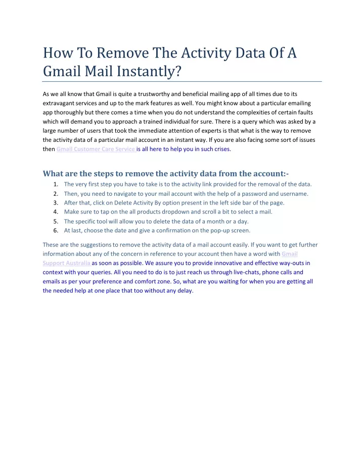 how to remove the activity data of a gmail mail instantly