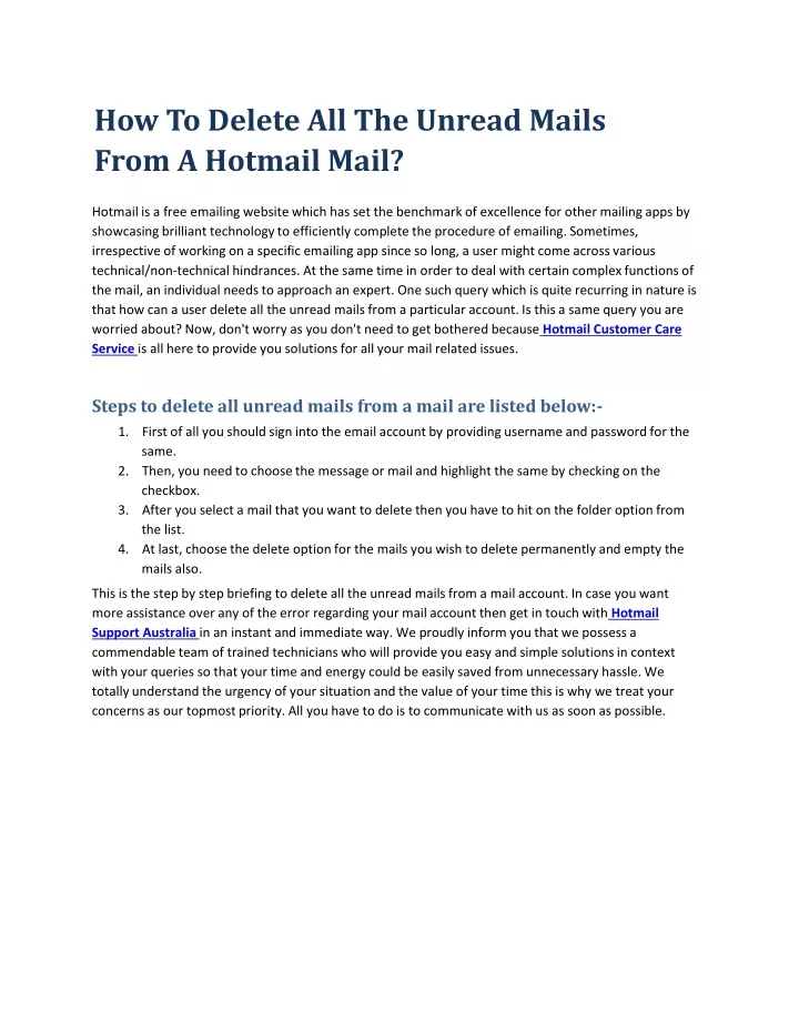 how to delete all the unread mails from a hotmail