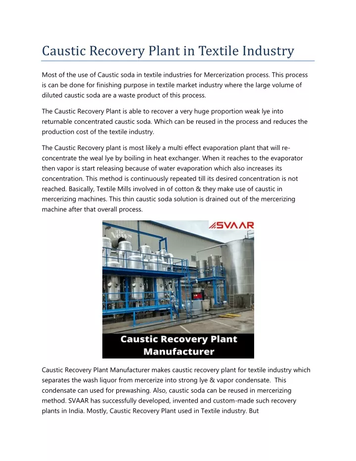 caustic recovery plant in textile industry