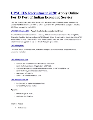 upsc ies recruitment 2020 apply online