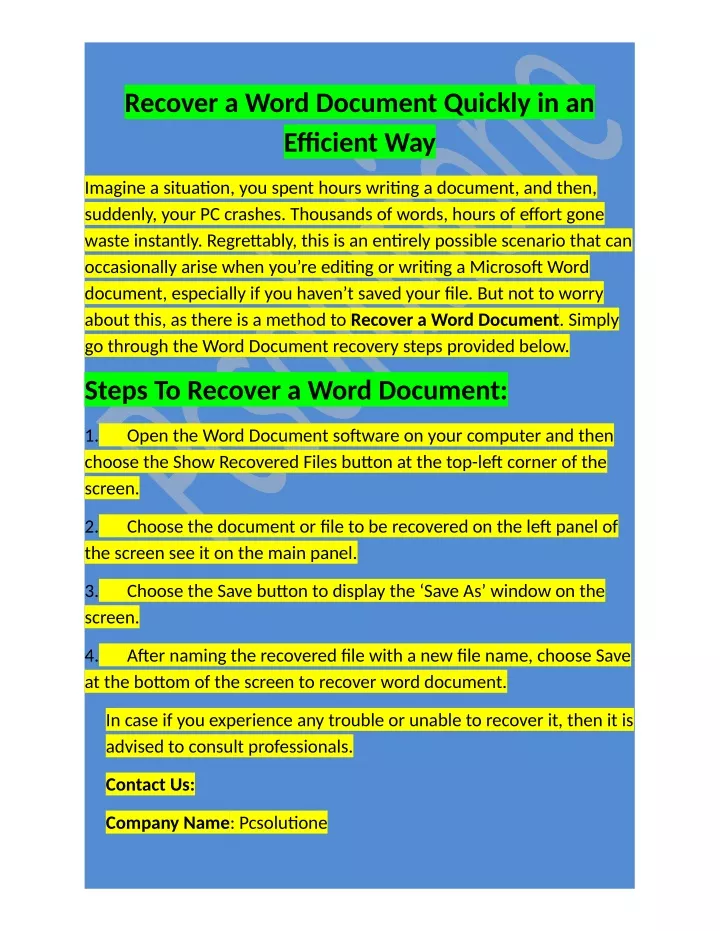 recover a word document quickly in an efficient