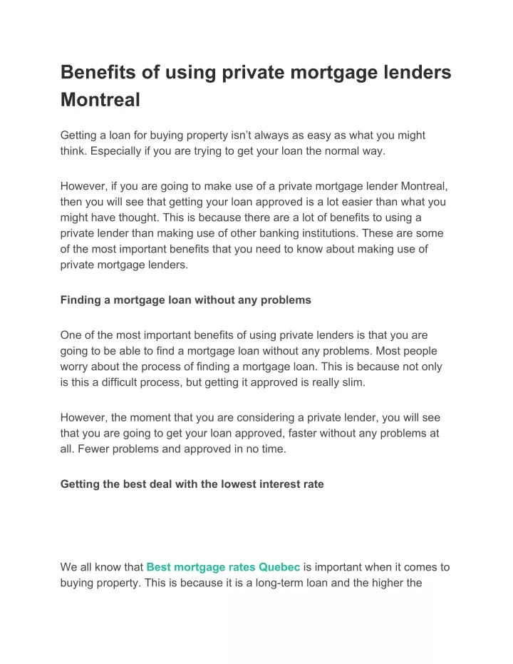 benefits of using private mortgage lenders