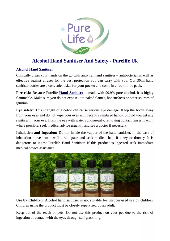 alcohol hand sanitiser and safety purelife uk