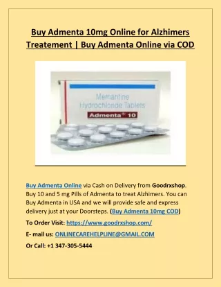 Buy Admenta 10mg Online for Alzhimers Treatement | Buy Admenta Online via COD