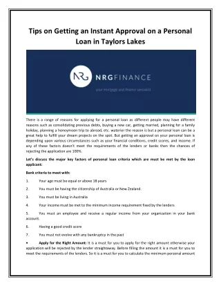 Tips on Getting an Instant Approval on a Personal Loan in Taylors Lakes