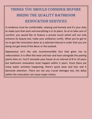 Things You Should Consider Before Hiring The Quality Bathroom Renovation Services