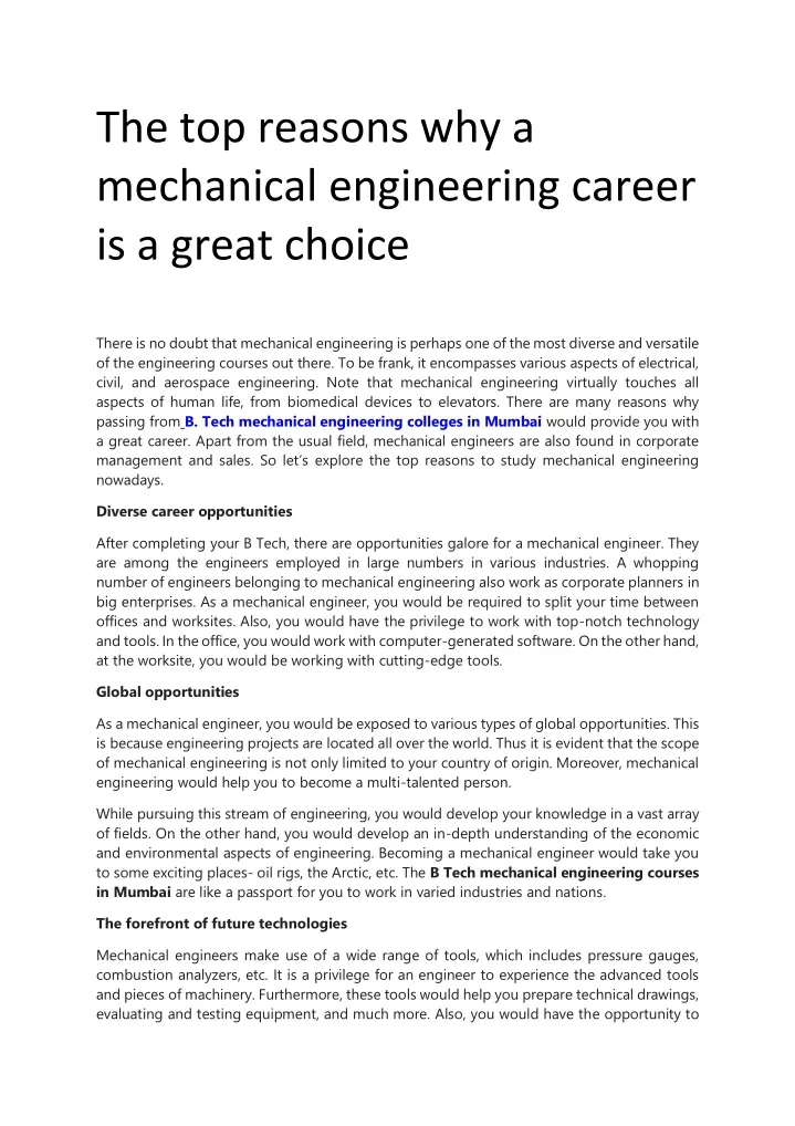 the top reasons why a mechanical engineering
