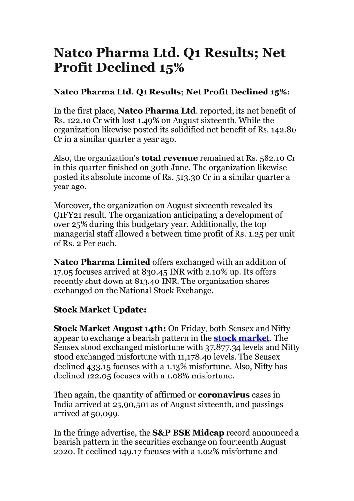 natco pharma ltd q1 results net profit declined 15