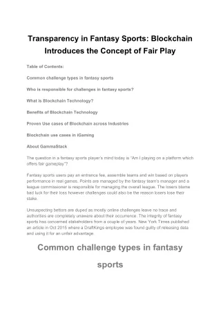 Transparency in Fantasy Sports: Blockchain Introduces the Concept of Fair Play