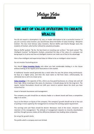 The Art Of Value Investing To Create Wealth