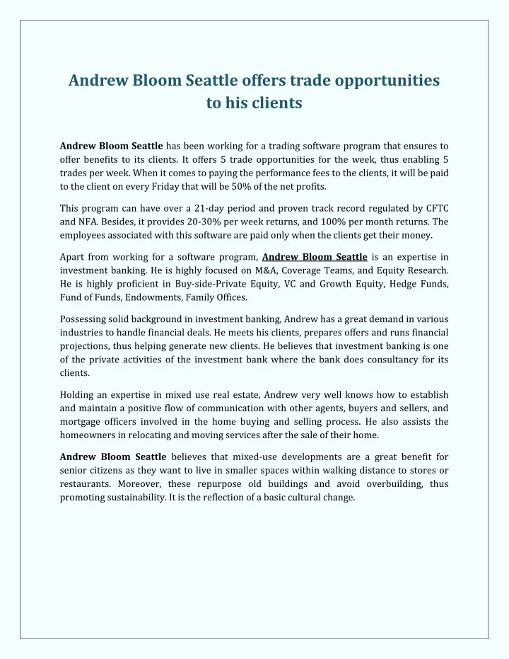 andrew bloom seattle offers trade opportunities