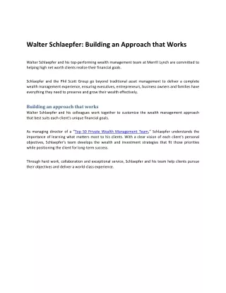 Walter Schlaepfer: Building an Approach that Works