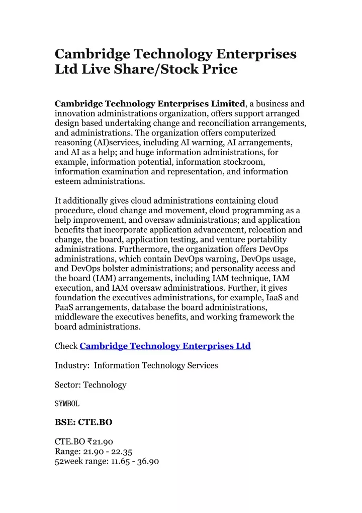 cambridge technology enterprises ltd live share