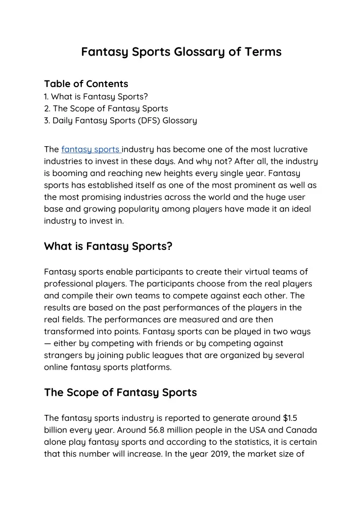 fantasy sports glossary of terms table