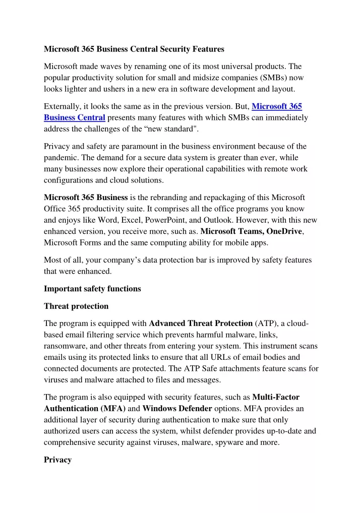 microsoft 365 business central security features