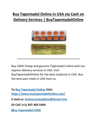 Buy Tapentadol Online in USA via Cash on Delivery Services