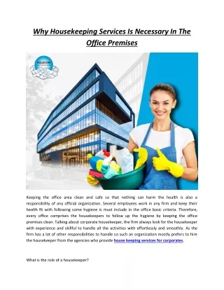 Why Housekeeping Services Is Necessary In The Office Premises