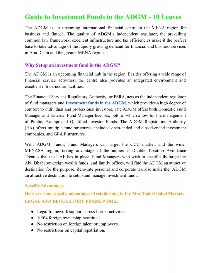 guide to investment funds in the adgm 10 leaves