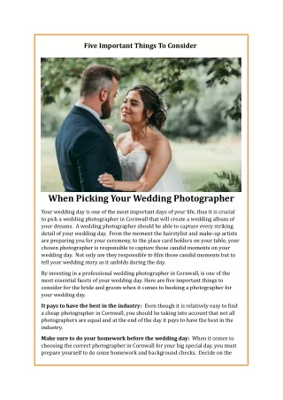 Five Important Things To Consider When Picking Your Wedding Photographer