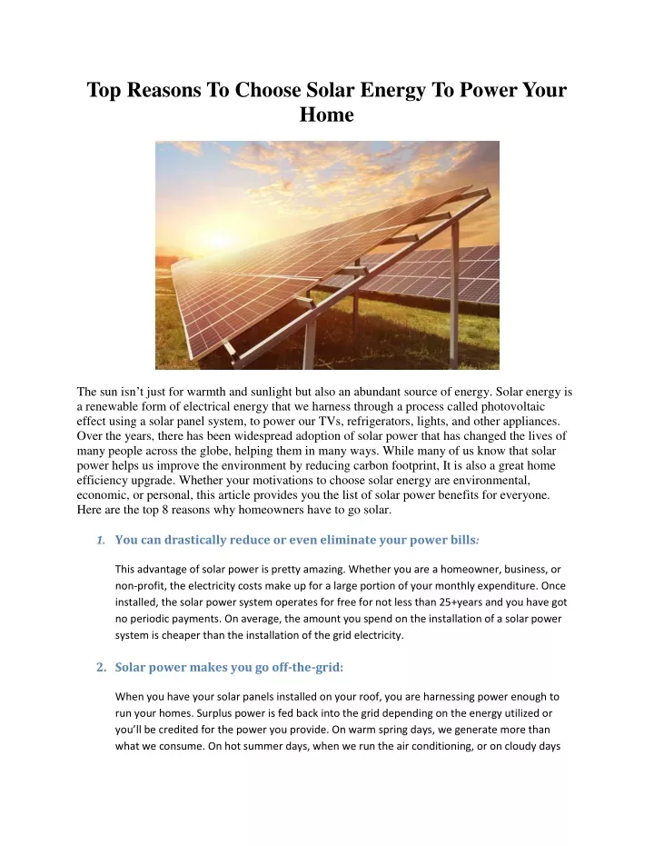 top reasons to choose solar energy to power your